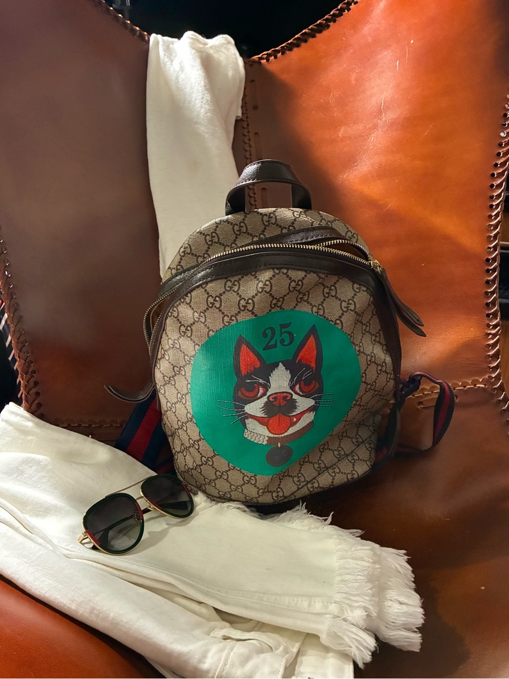 Gucci Brown GG Canvas Mini Backpack with Turquoise Cat Motif